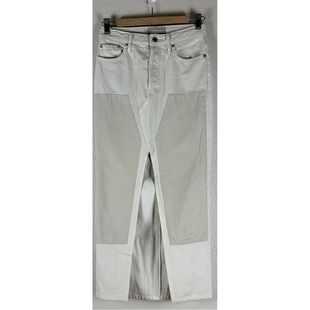 Everlane Upcycled 90's Cheeky Jean Maxi Skirt Ecru with Taupe Patches, size 25